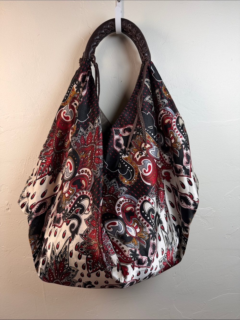 Boho Paisley Slouch Tote Bag in Red and Black Satin with leather handles